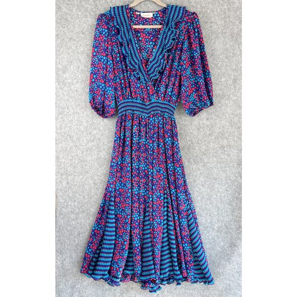 Susan Freis Dresses & Skirts - Vintage 80s Susan Freis Dress Womens Large Polka Dot Ruffle Smocked Pleated USA